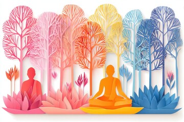 Obraz premium Vibrant Paper Cut Art Depicting Meditation and Nature for Asalha Puja Dharma Celebration