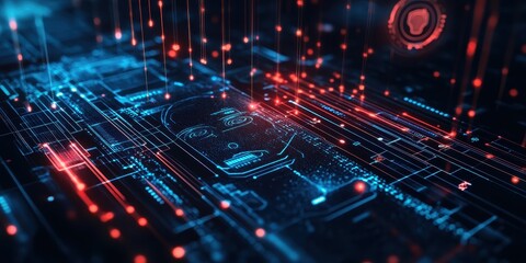 Obraz premium Digital facial recognition technology overlaid on circuit board.