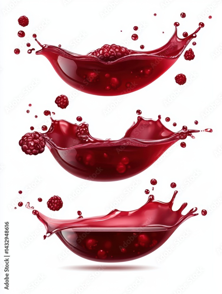 Poster captivating splash of vibrant raspberry juice with whole raspberries creating dynamic liquid motion 