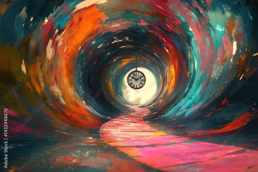 Poster spiraling pathway with clock into a vibrant void of colors and surreal atmosphere, hypnotic pathway 
