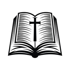 Open Book With Cross Symbol, Religious Icon, Christian Faith Concept, Black & White Design
