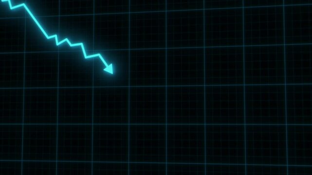 Blue glow downward arrow shows failure, negative trends, and recession. Animated stock market graph shows a crashing line, representing bankruptcy and economic downturn. Business and financial concept