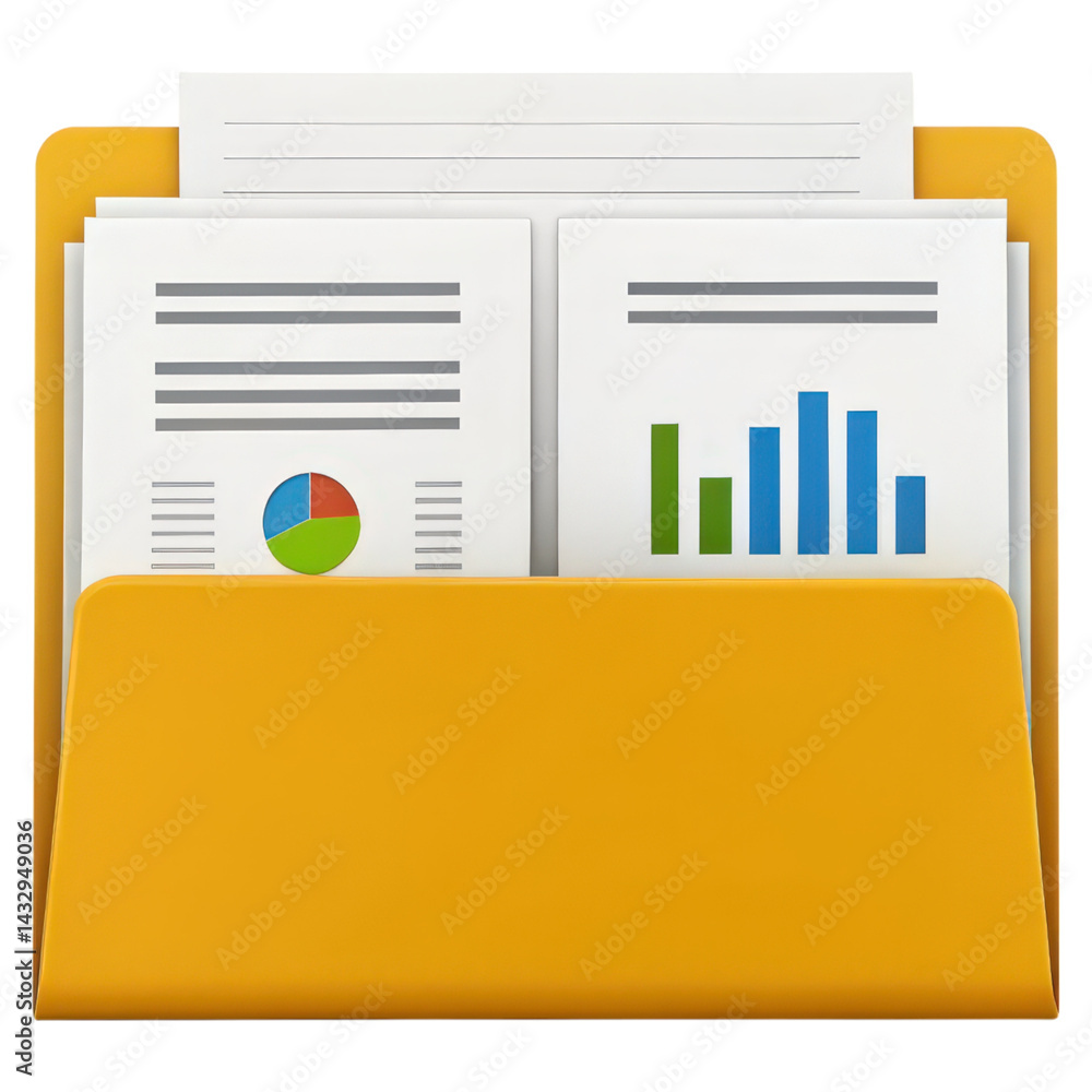 Poster a vibrant yellow folder containing documents with charts and graphs, symbolizing organization and da