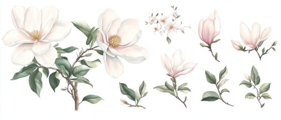 Watercolor magnolia flower arrangement on white background for wedding invitations and spring designs delicate floral art botanical illustration for greeting card