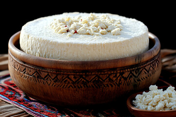 Farmers making cheese from fresh milk using traditional methods in a rustic kitchen