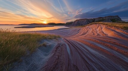Vibrant sunset over a serene lake and colorful sandstone formations.
