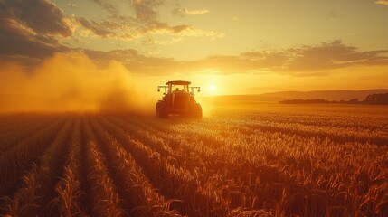 Fototapeta premium Golden Hour Harvest: Tractor in Wheat Field at Sunset