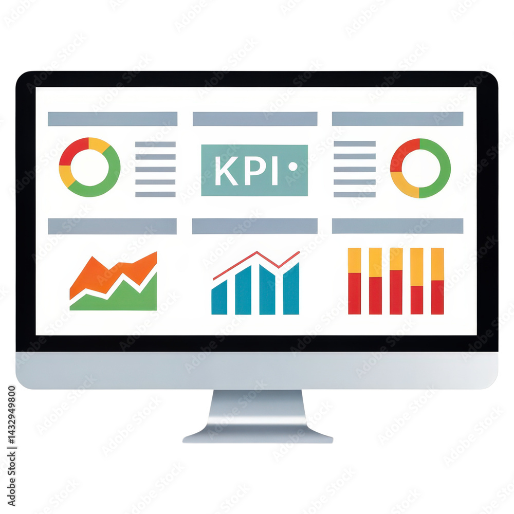 Poster a digital monitor displaying various colorful graphs and kpi metrics for analytical purposes.