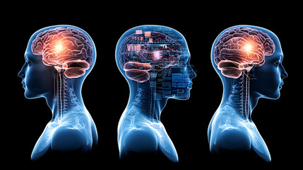 Three Transparent Human Head Profiles with Glowing Brains and Digital Circuitry on Black Background