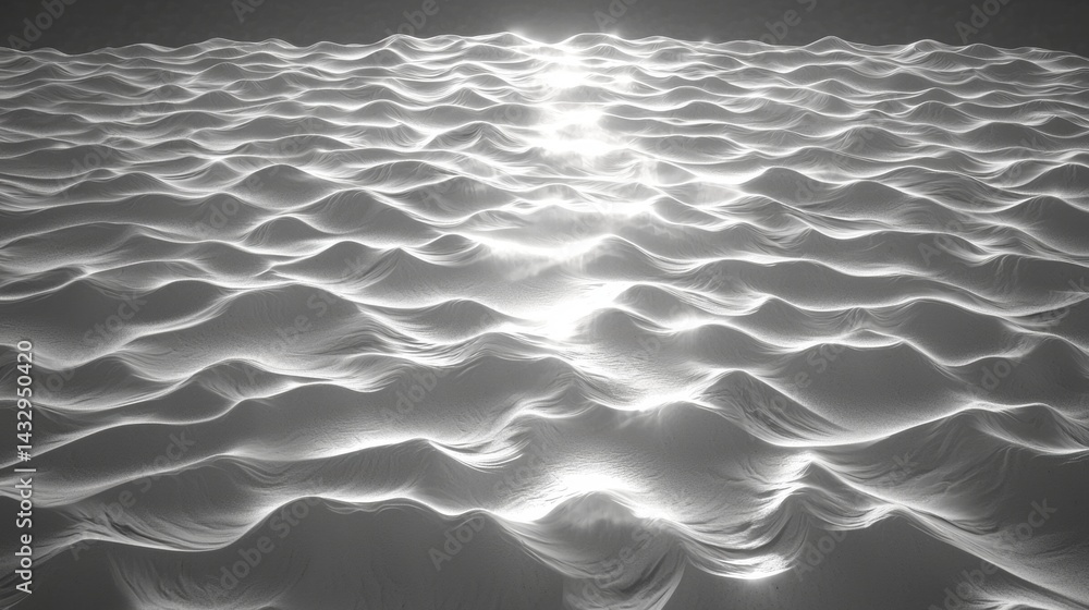 Poster a digital rendering of a serene landscape featuring a vast expanse of undulating waves, bathed in a 