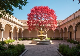 Obraz premium Red Flower Tree in Courtyard Fountain