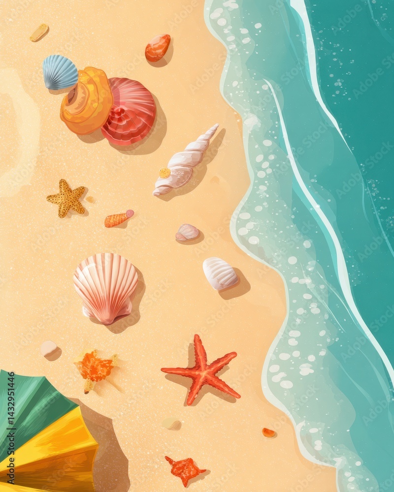 Poster captivating beach scene featuring seashells starfish and a colorful umbrella creating a summer vibe 