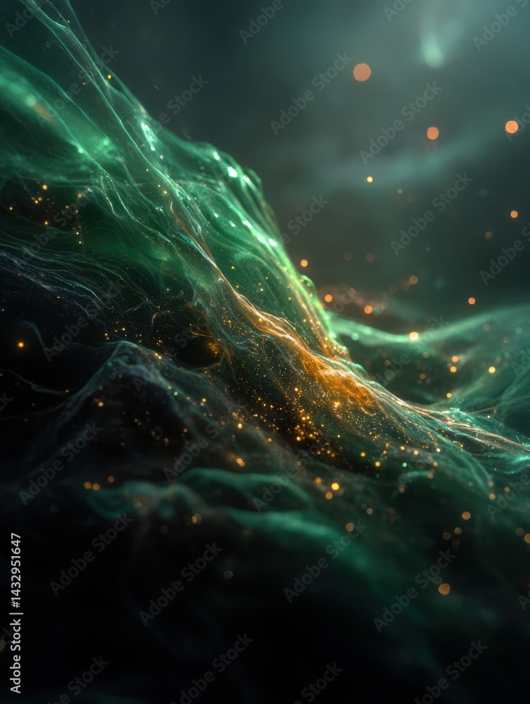 Poster abstract ethereal landscape with flowing green and gold energy waves and sparkling particles creatin