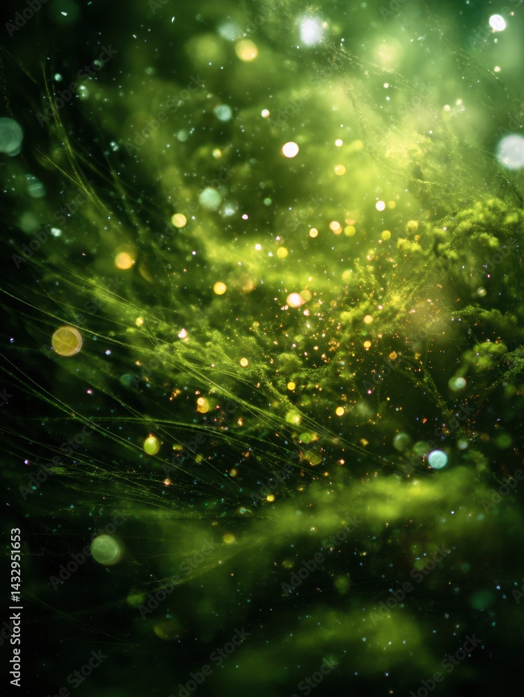 Poster ethereal green abstract with sparkling bokeh lights creating a magical and dreamy atmosphere a capti