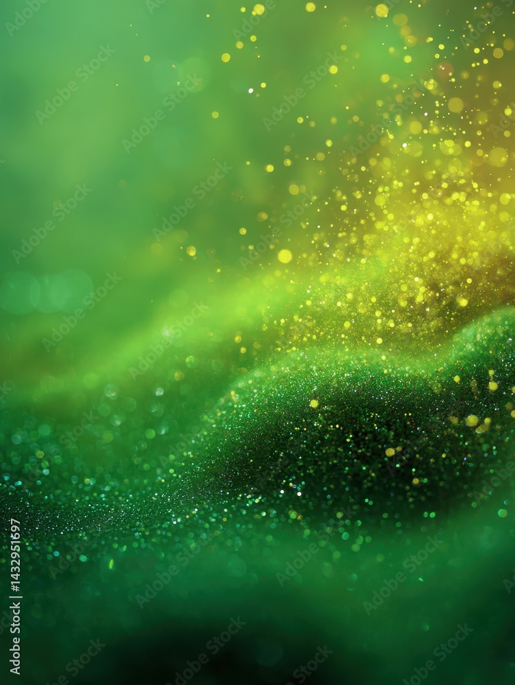 Poster Emerald radiance shimmering green and gold glitter dust background with bokeh effect and artistic depth of field creating a magical and ethereal atmosphere
