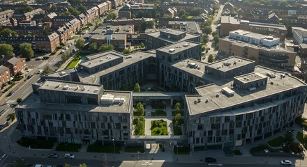 Obraz premium Aerial view of modern residential complex with green rooftops in suburban neighborhood.