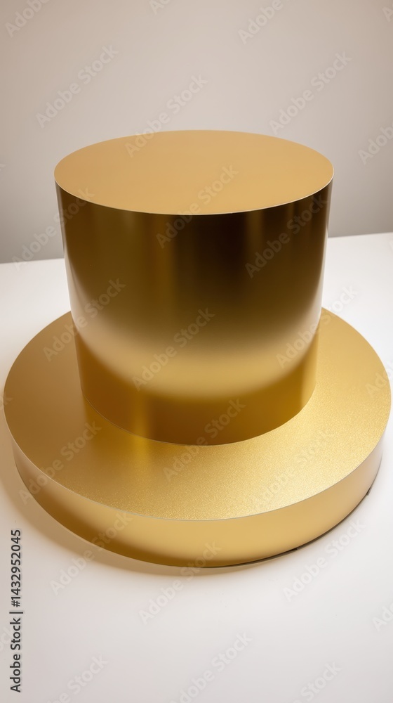 Poster elegant golden top hat sculpture casting soft reflections on a white surface in a studio setting wit