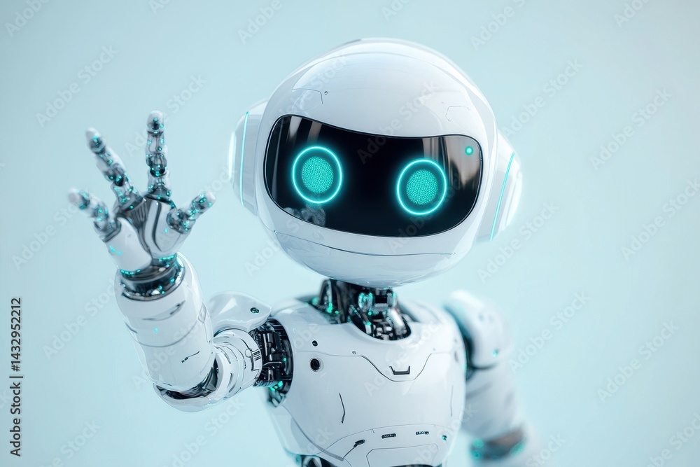 Poster cute robot helper with artificial intelligence greeting viewers with a friendly wave, cute robot hel