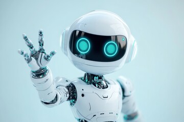 Cute robot helper with artificial intelligence greeting viewers with a friendly wave, Cute robot helper with artificial intelligence raising hand