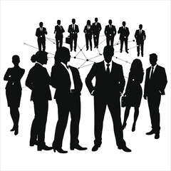 Silhouette illustration of a diverse group of business professionals, linked by connecting lines, conveying a sense of collaboration and interconnectedness within a professional environment...