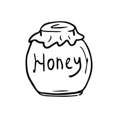 Doodle illustration of jars of honey, homemade preparations. For children coloring pages, preschool education, logos or logos of natural products without sugar.