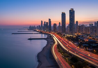 Fototapeta premium Stunning Coastal Cityscape at Sunset