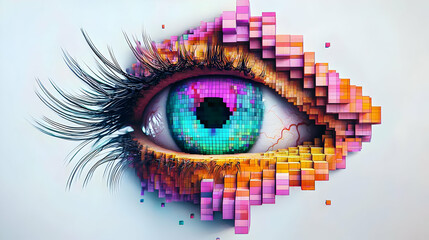 Pixelated Eye Portrait with Vibrant Colors and Detailed Lashes on White Background