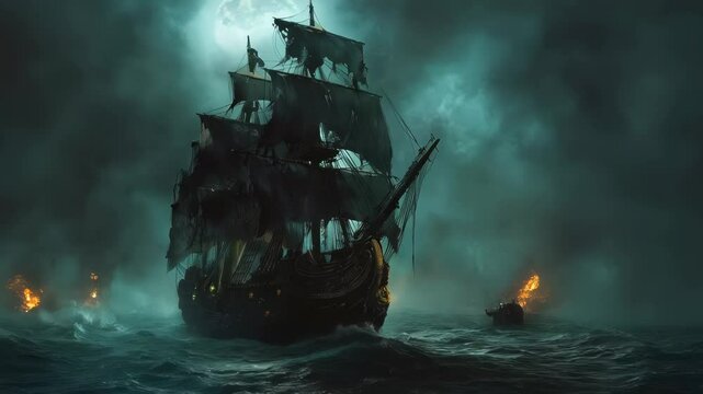 Ghostly pirate ship emerges from a turbulent sea, engulfed in flames, with dark clouds swirling. 
