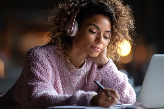 Woman Writing with Headphones and Laptop
