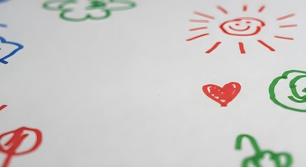 Colorful Child’s Doodle Drawing Frame on White Paper, Frame with flowers, Shapes and butterflies