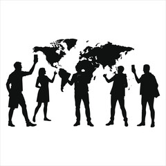 Global Connectivity: Silhouette of people taking photos of a world map...