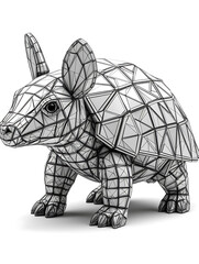 Geometric armadillo figure composed of interconnected polygons resting on a white surface exhibiting a modern and stylized aesthetic.