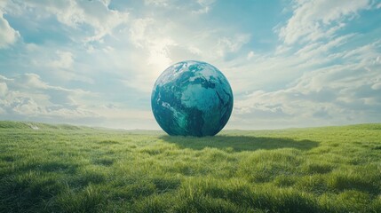 Earth globe resting on a grassy field under a bright sky.
