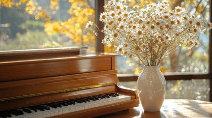 Serene Autumn Day: Piano, Daisies, and Golden Sunlight