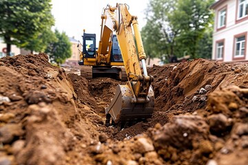 Fototapeta premium Unleash the Mighty Force of Construction Machinery: Witness an Excavator Delve Deep into the Earth for a Modern House Foundation.