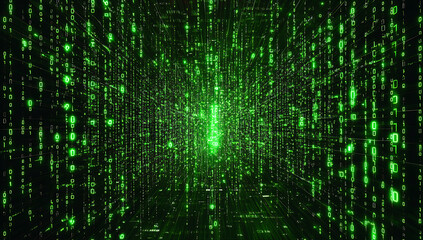 Obraz premium Green binary code streams down a dark background creating a digital rain effect with a sense of depth and technological immersion.