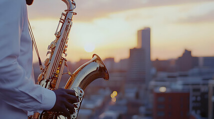 Man Playing Saxophone At Sunset City Skyline