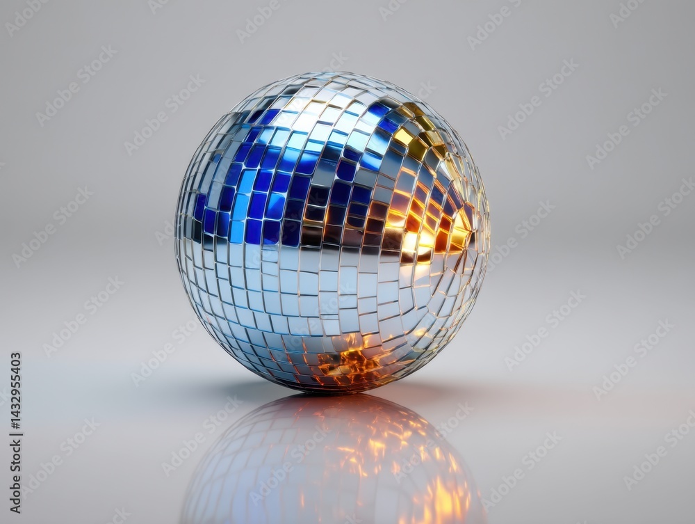 Poster gleaming disco ball casting vibrant reflections on a smooth surface creating a festive atmosphere wi