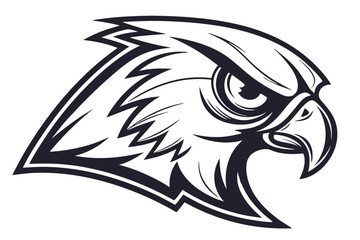 Detailed Black and White Silhouette of a Falcon Head with Sharp Feathers and Intense Gaze
