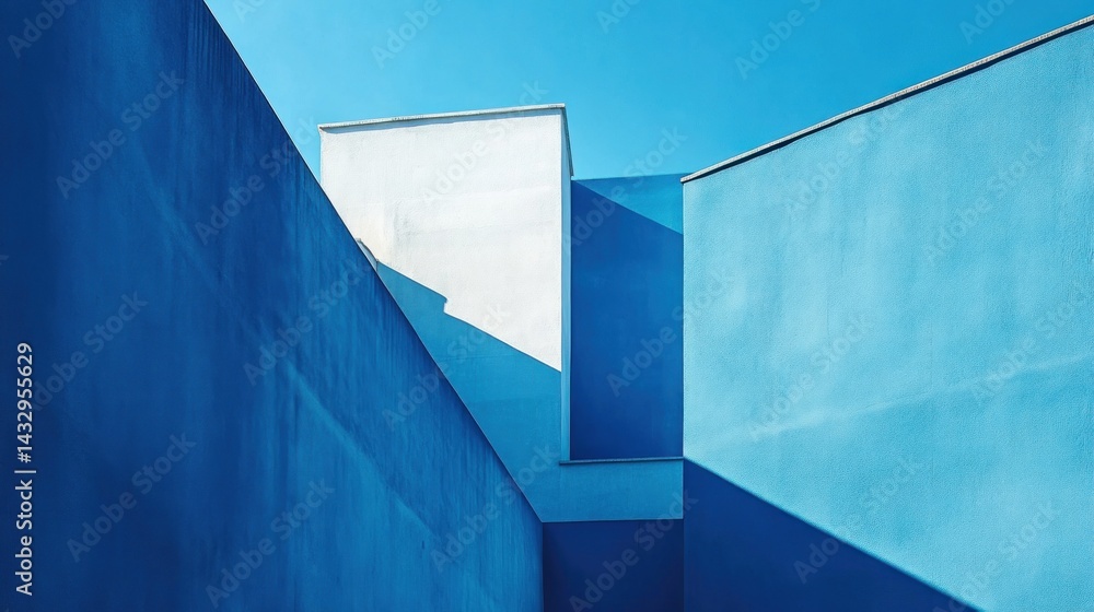 Poster abstract blue and white building architecture with shadows.