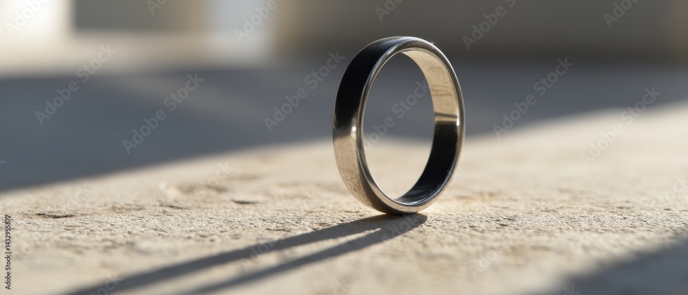 Aufkleber elegant silver ring casting long shadow on textured surface in soft sunlight creating a minimalist a
