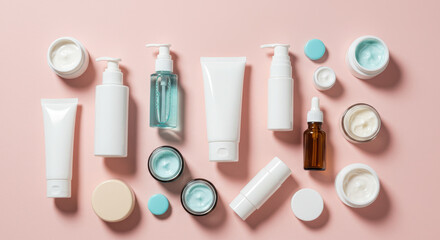 Obraz premium Minimalist Skincare Flat Lay: Clean Beauty Products, Serums, Creams & Packaging on Pink Background | Beauty Blogging Essentials