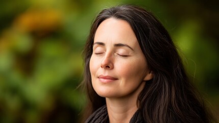 Naklejka premium Woman with closed eyes, peaceful expression, outdoor setting