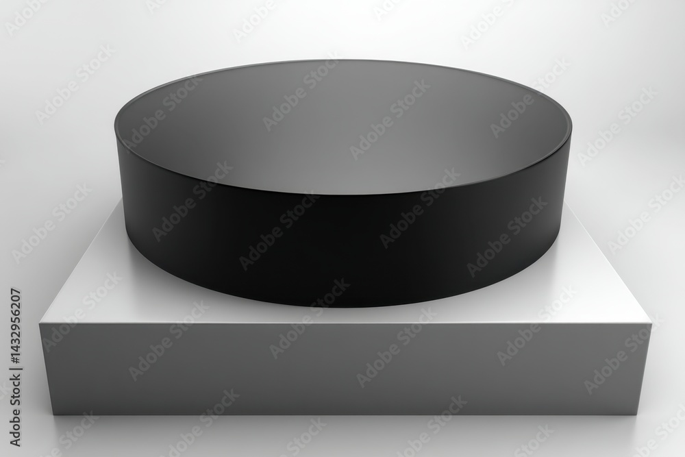 Poster elegant black cylinder display on a white cube platform showcasing modern minimalist design and prod