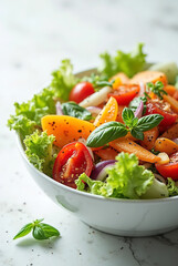 Fresh vegetable salad with tomatoes, cucumbers, and onions garnished with parsley on a bright table