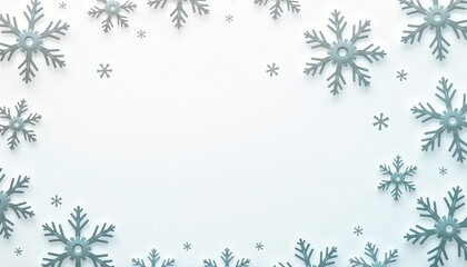 Stylized snowflake frame digitally rendered in silver/gray representing a winter holiday theme on a white-blue gradient background