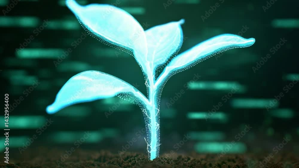 Poster digital plant and data: a digitally rendered image of a plant growing, set against a backdrop of dat