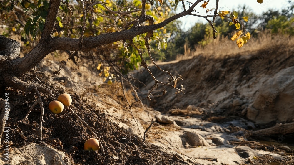 Poster ravine with exposed soil tree branches and scattered fruit in a natural setting.