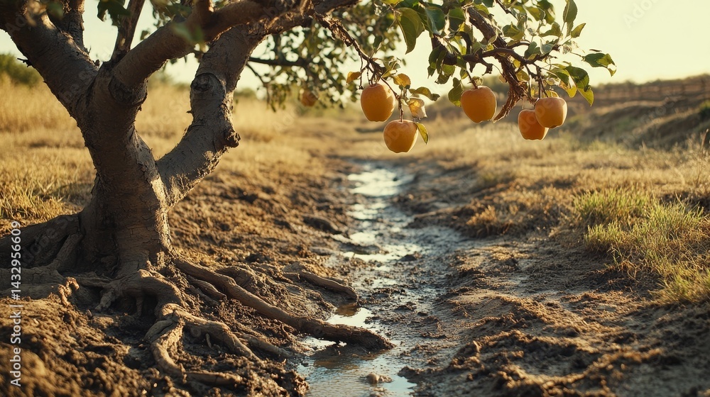 Poster tree with fruit hangs over a small stream in a dry landscape.