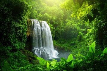 Obraz premium Majestic waterfall cascading through lush green forest in Thailand, Beautiful waterfall in green forest Thailand nature background